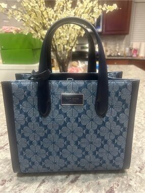 kate spade Blue Floral Jacquard Small Tote with Top Handles & Shoulder Strap